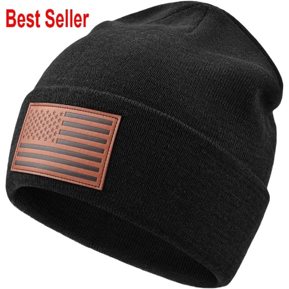 Oversized American Flag Beanie XXL Knit Winter Hat Patriotic Leather Patch